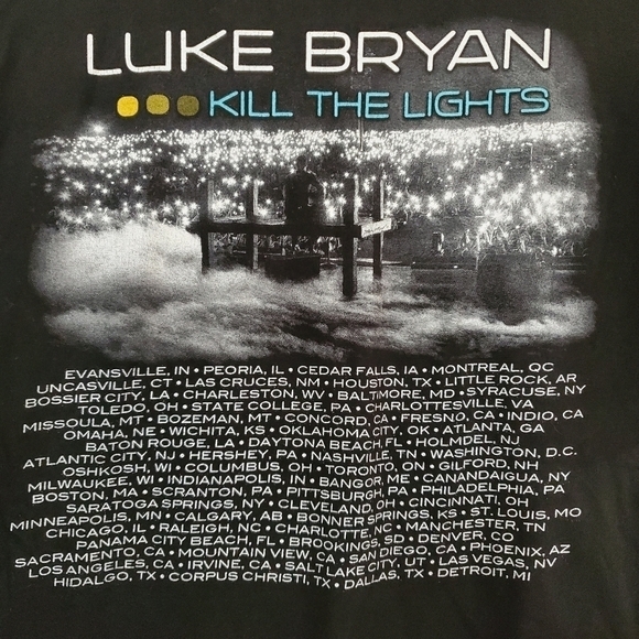 Luke Byan Kill The Lights Concert T-shirt Black with Concert Cities on Back Lg - Picture 4 of 8